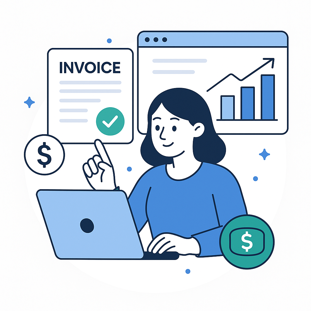 Mobile app UI with blue circular background and white cards with icons and text